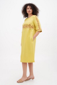 Linen dress in yellow color with embroidery Myrosia