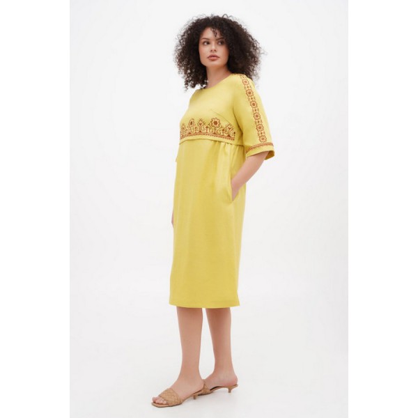 Linen dress in yellow color with embroidery Myrosia