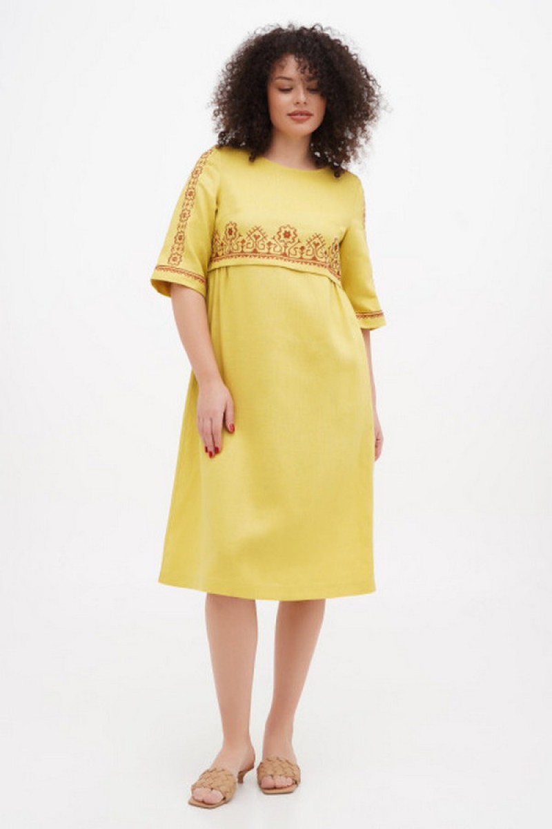 Linen dress in plus sizes, yellow with embroidery Myrosia – elegance and comfort!