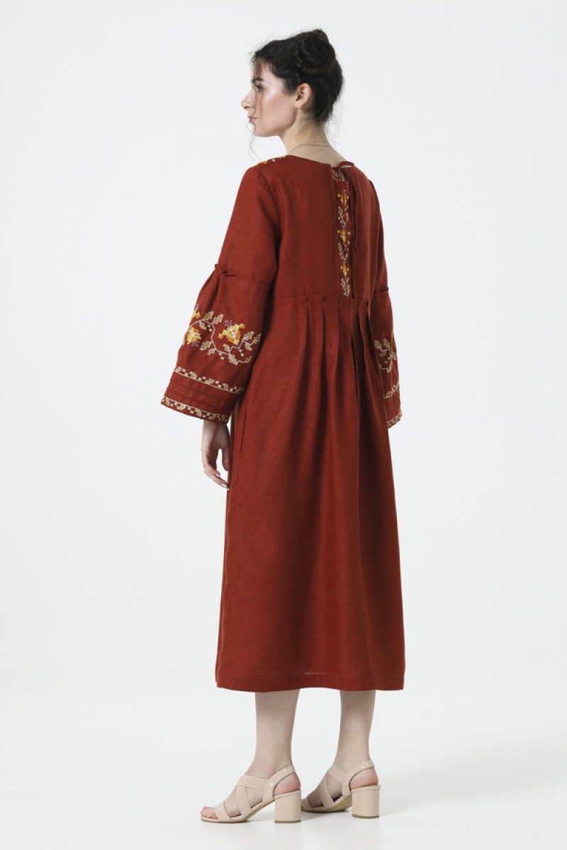 Terracotta long embroidered dress of Svitozara
