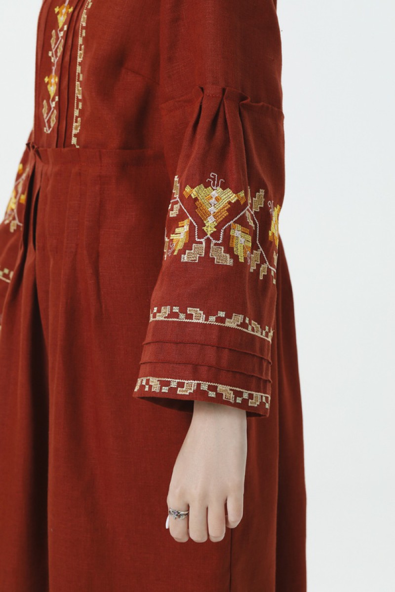 Terracotta long embroidered dress of Svitozara