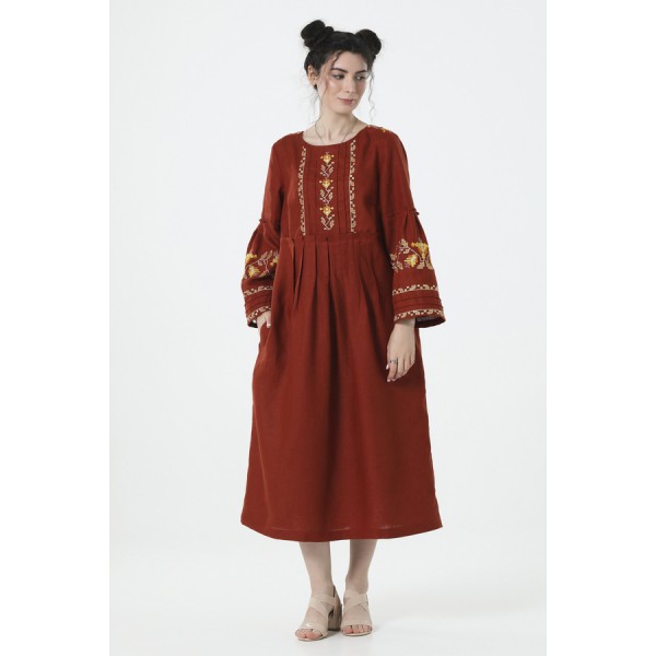 Terracotta long embroidered dress of Svitozara