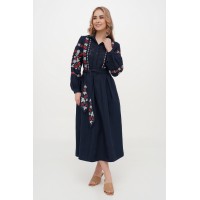 Темно-синее вышитое платье с кружевом Калина