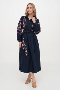 Темно-синя сукня вишиванка з мереживом Калина