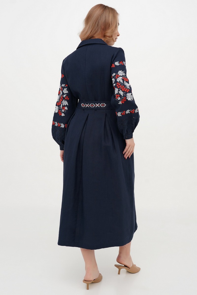 Темно-синя сукня вишиванка з мереживом Калина