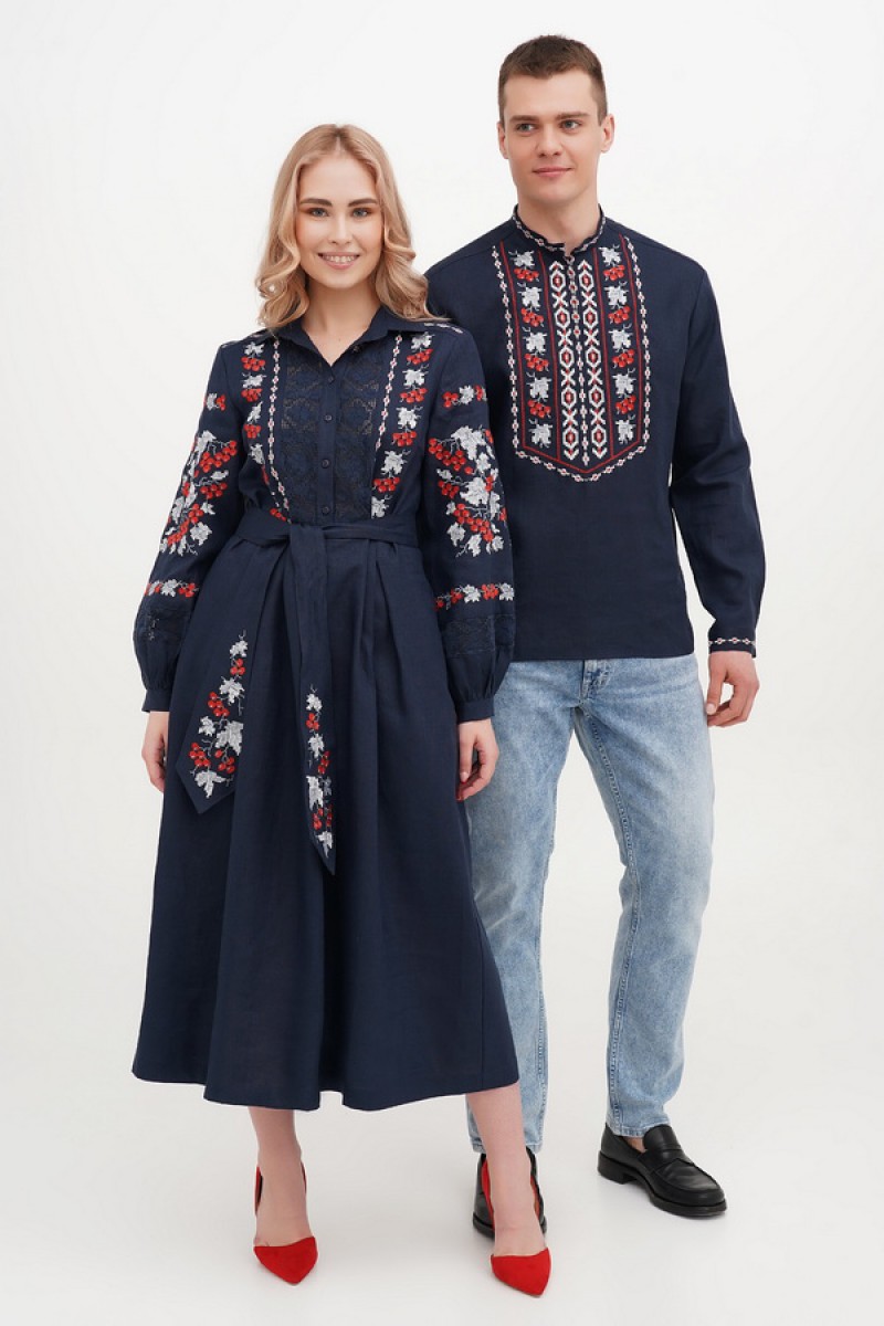 Темно-синя сукня вишиванка з мереживом Калина