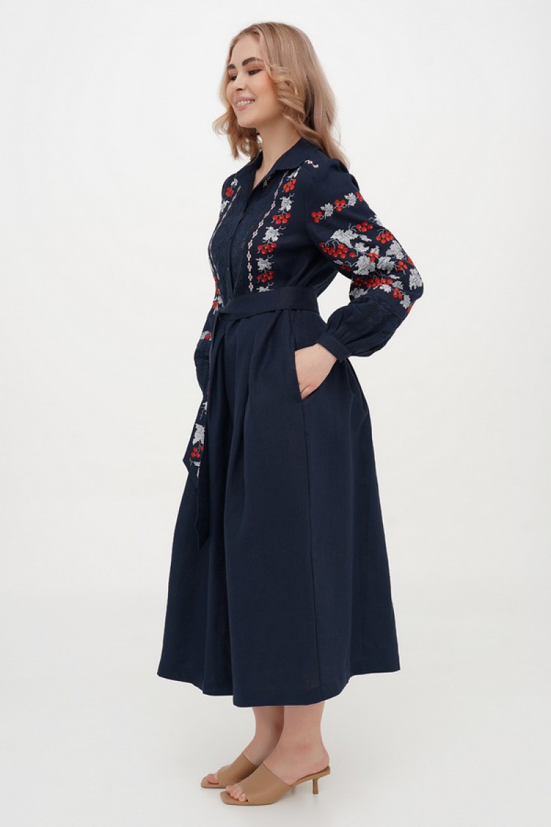 Темно-синя сукня вишиванка з мереживом Калина