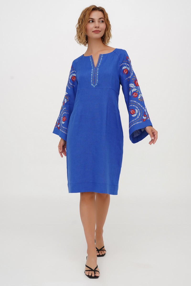 Blue embroidered dress "Spring" – a stylish linen dress for any figure!