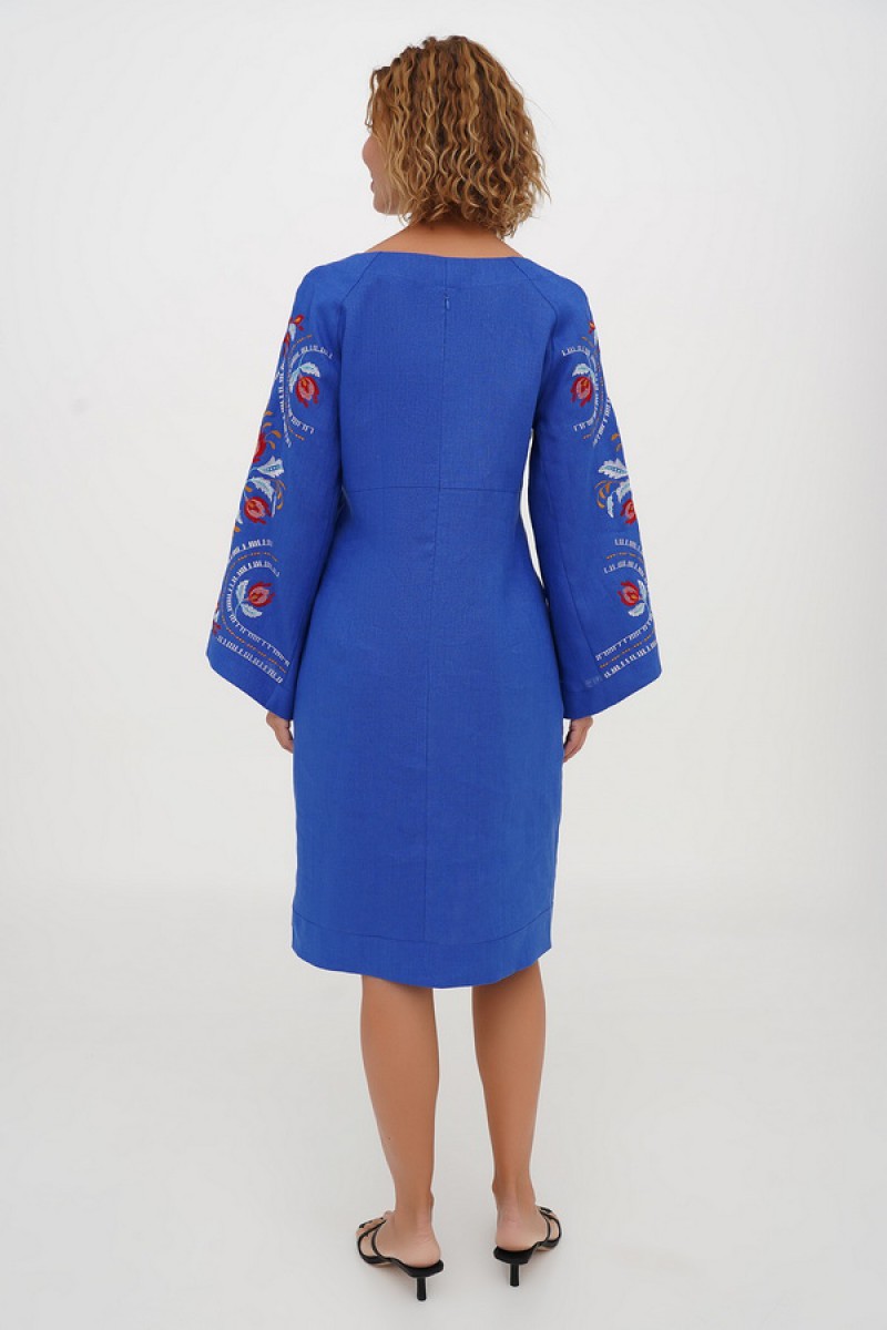 Blue embroidered dress "Spring" – a stylish linen dress for any figure!