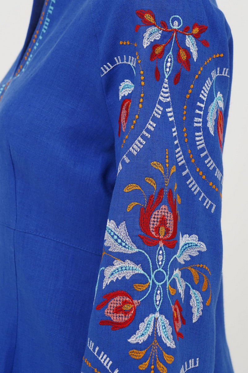 Blue embroidered dress "Spring" – a stylish linen dress for any figure!