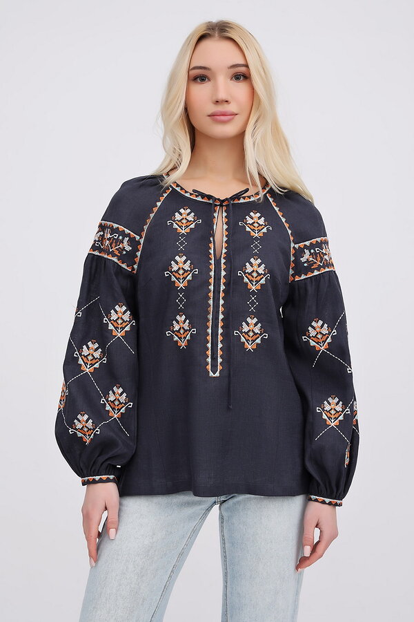 Women's vyshyvanka Miryana, dark blue linen