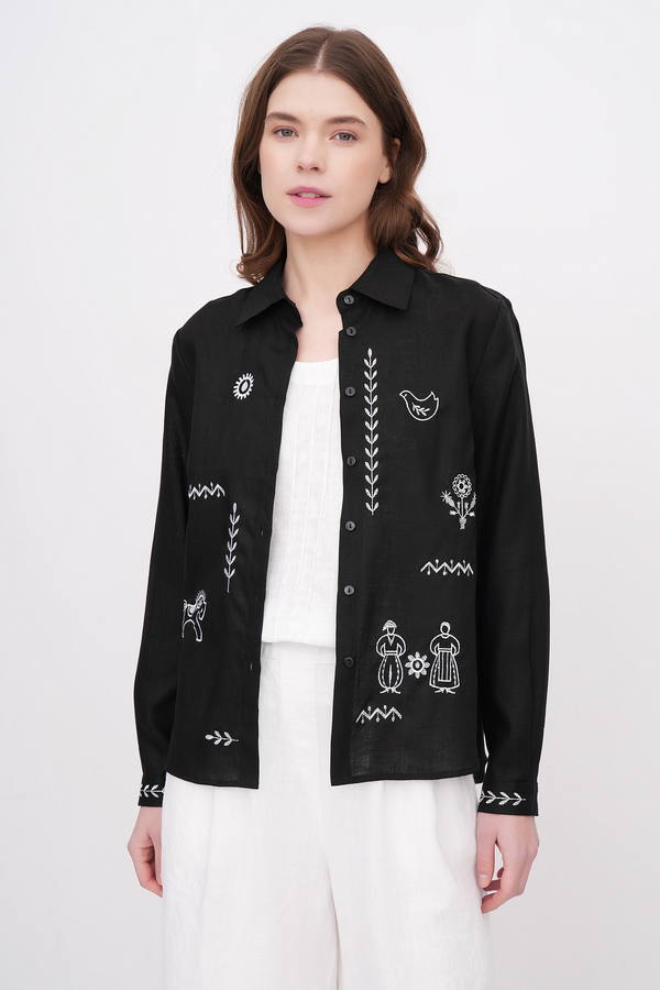 Women’s linen embroidered shirt “Lightning” in black with blue, XL