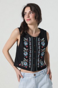 Жилетка лляна з вишивкою Павлинка чорна, 48