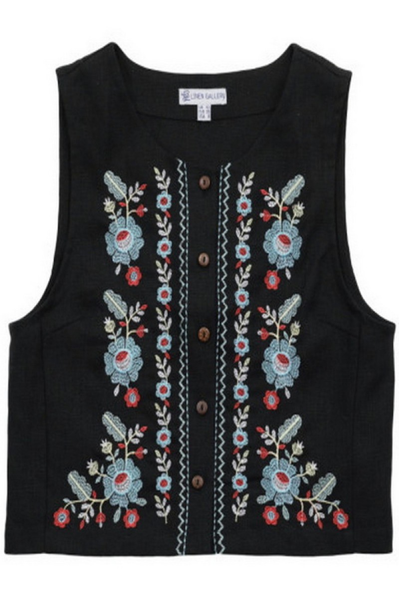 Жилетка лляна з вишивкою Павлинка чорна, розмір M