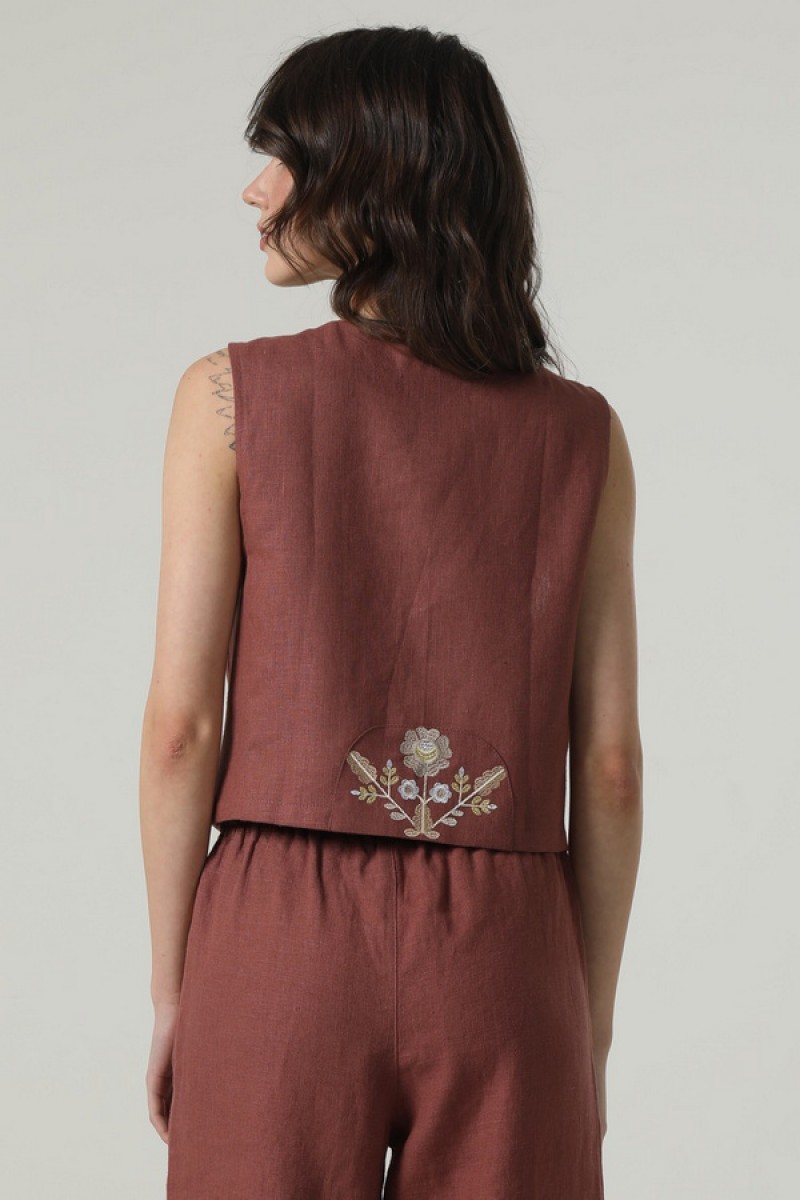Linen vest with embroidery Pavlynka brown