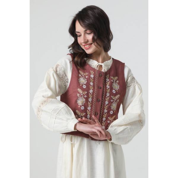 Жилетка лляна з вишивкою Павлинка коричнева, розмір 