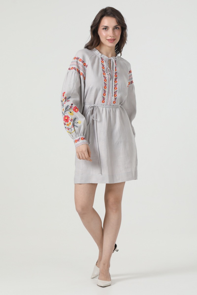 Вышитое платье-вышиванка из серого льна Ружина