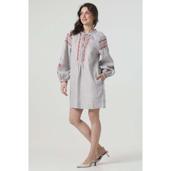 Вышитое платье-вышиванка из серого льна Ружина