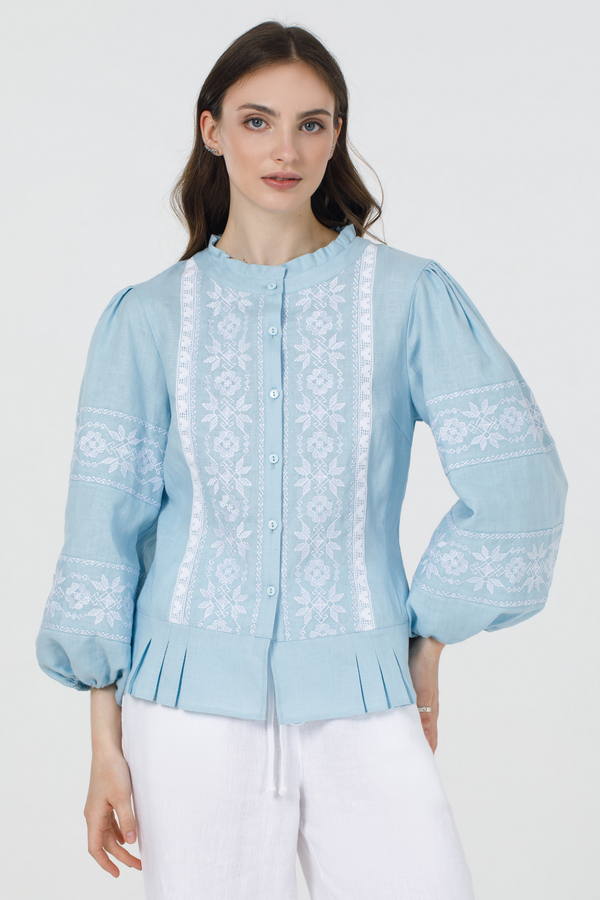 Women's linen embroidered shirt "Lightning" in blue with white