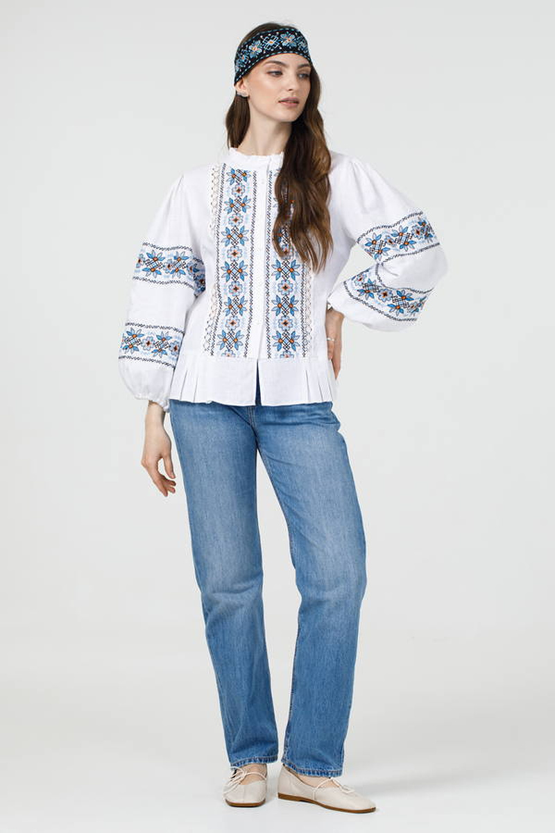 Women's linen embroidered shirt "Blyskavytsia" white with blue