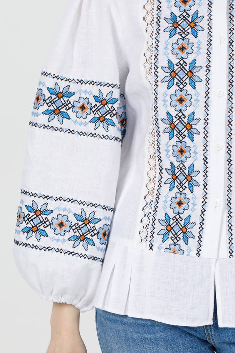 Women's linen embroidered shirt "Blyskavytsia" white with blue