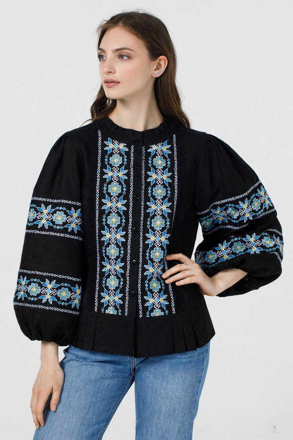 Women’s linen embroidered shirt “Lightning” in black with blue, XL