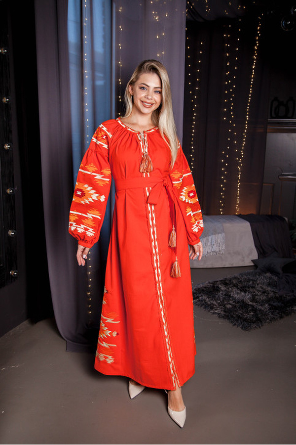 Embroidered floor-length dress "Kaleidoscope" in orange with beige embroidery