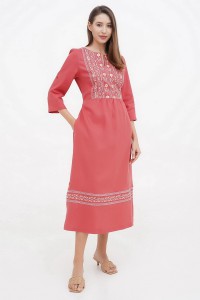 Coral long Lanna dress with Lanna embroidery