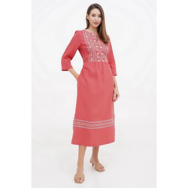 Coral long Lanna dress with Lanna embroidery