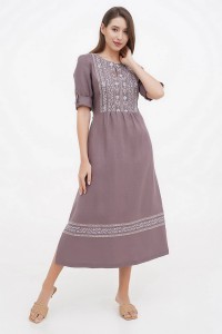 Long brown linen dress with embroidery Lanna 