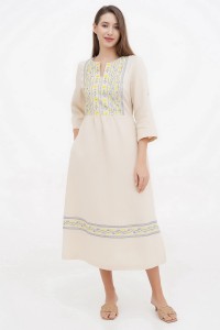 Long ivory linen dress with embroidery Lanna 