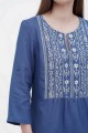 Long blue linen dress with Lanna embroidery