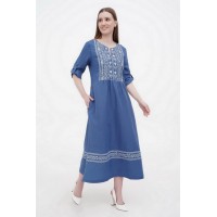 Long blue linen dress with Lanna embroidery