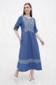 Long blue linen dress with Lanna embroidery