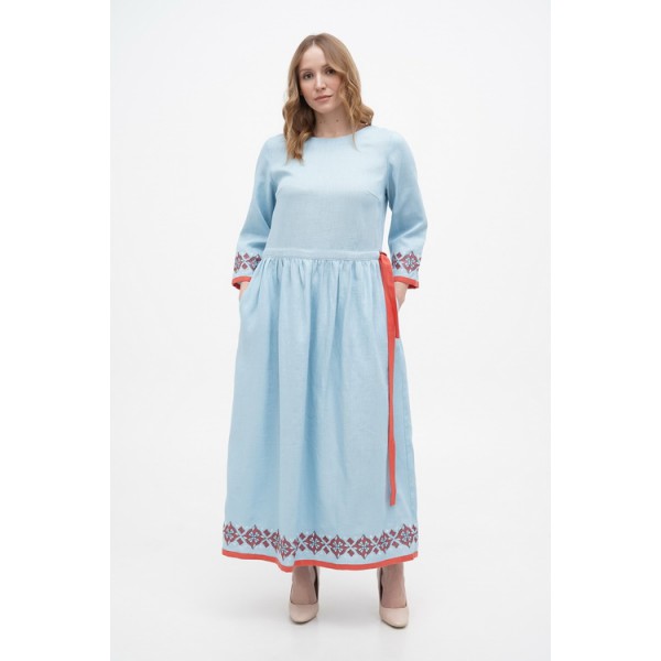 Brown long linen dress with embroidery Marrakesh 