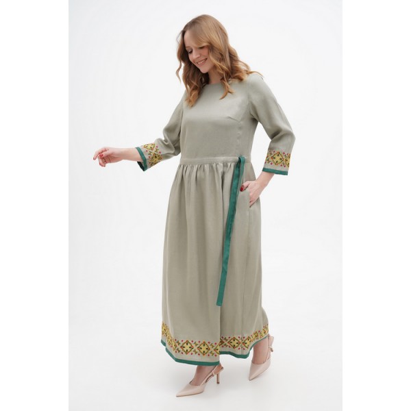 Dress long linen olive color with Marrakesh embroidery.