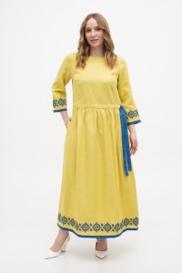 Dress long linen yellow color with Marrakech embroidery