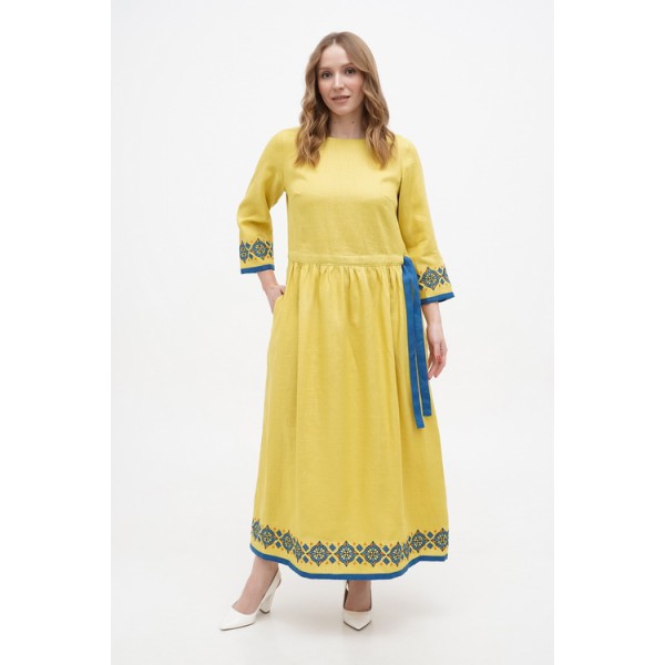 Dress long linen yellow color with Marrakech embroidery