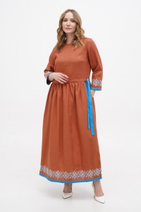 Brown long linen dress with embroidery Marrakesh 