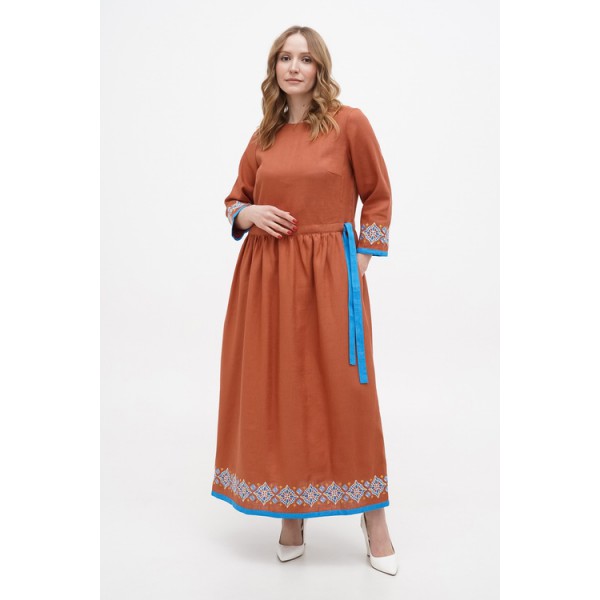 Brown long linen dress with embroidery Marrakesh 