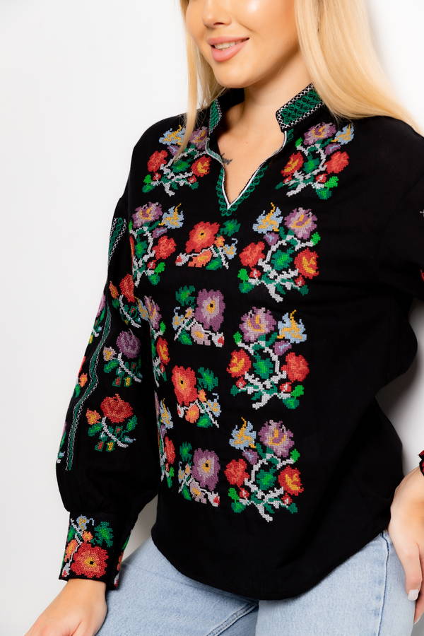 Embroidered shirt with a floral ornament, Lukeria black, XXL