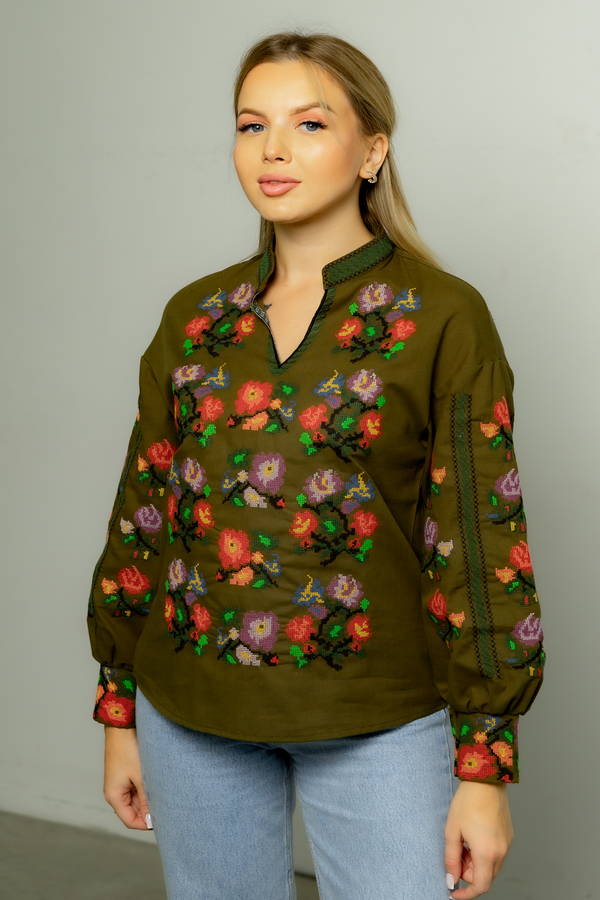 Embroidered shirt with floral ornament, Lukeria khaki, XXL