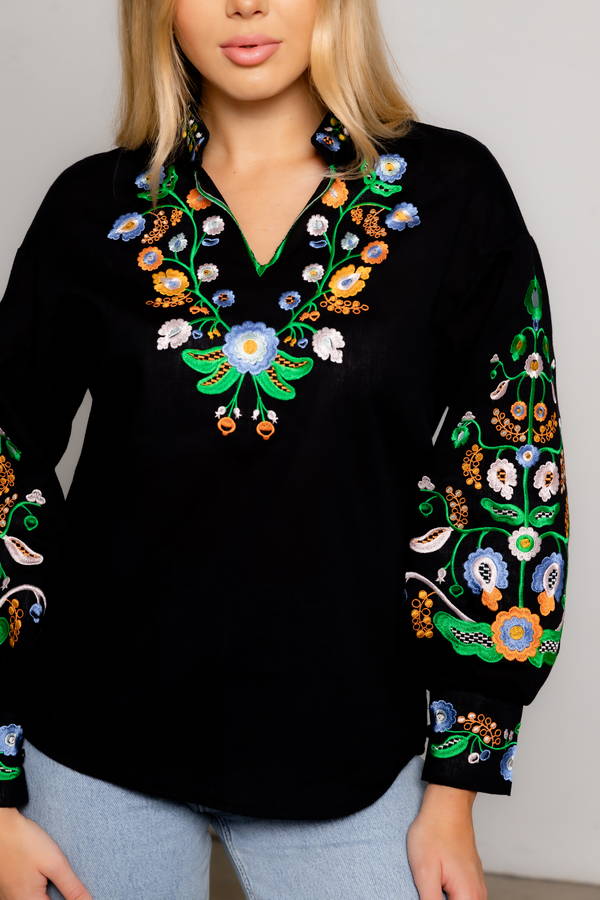 Black embroidered shirt with ancient ornament, Rozmai, S
