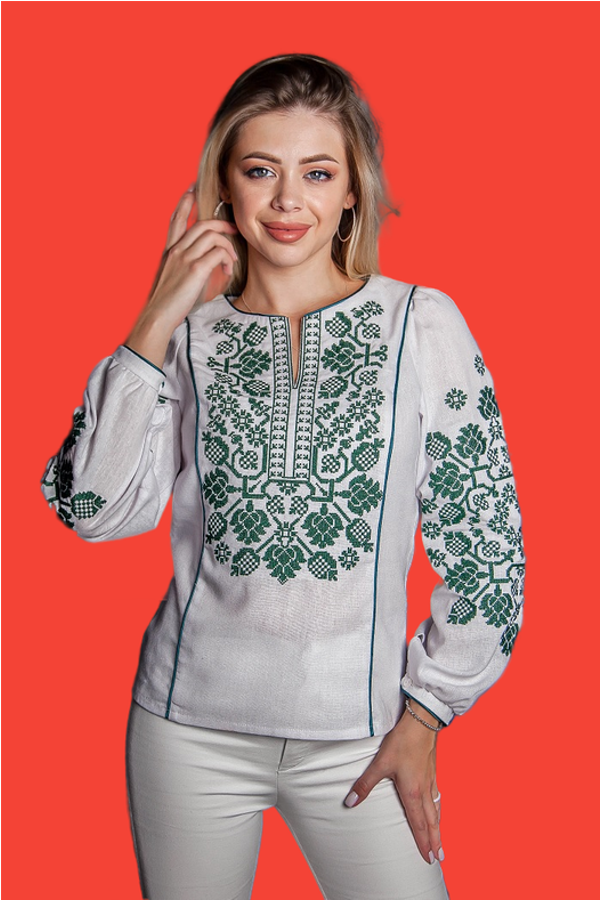 Вишиванка жіноча Владана, біла з зеленою, XXL