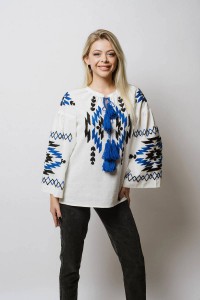 White women's embroidered shirt Hutsulka Ksenia with blue embroidery