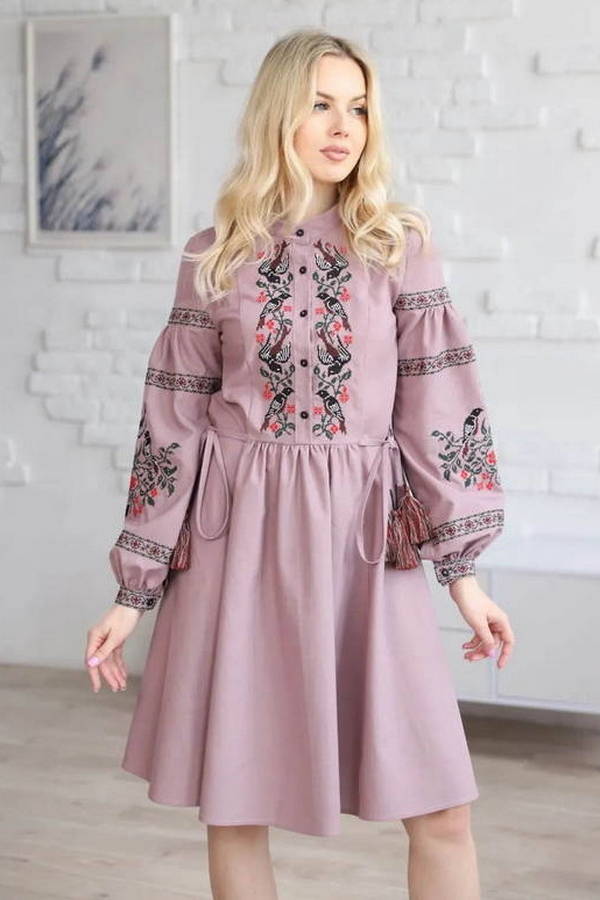 Сукня вишивана рожева з вишивкою, Пташині переспіви, XL