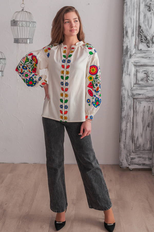 Spring shirt, women's embroidered milk-colored with colorful flowers on the sleeves, L