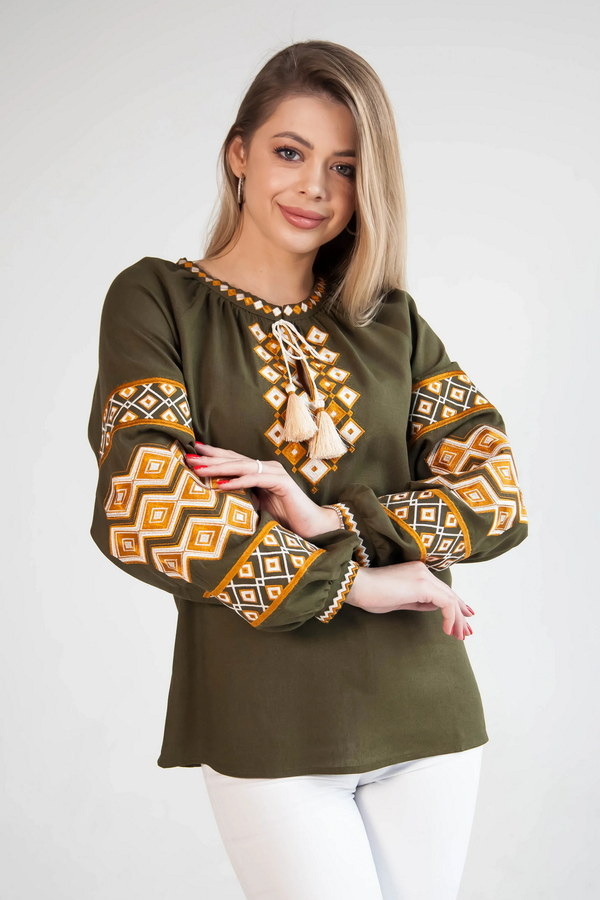 Women's embroidered shirt in khaki color with a geometric pattern "Horianka", XL