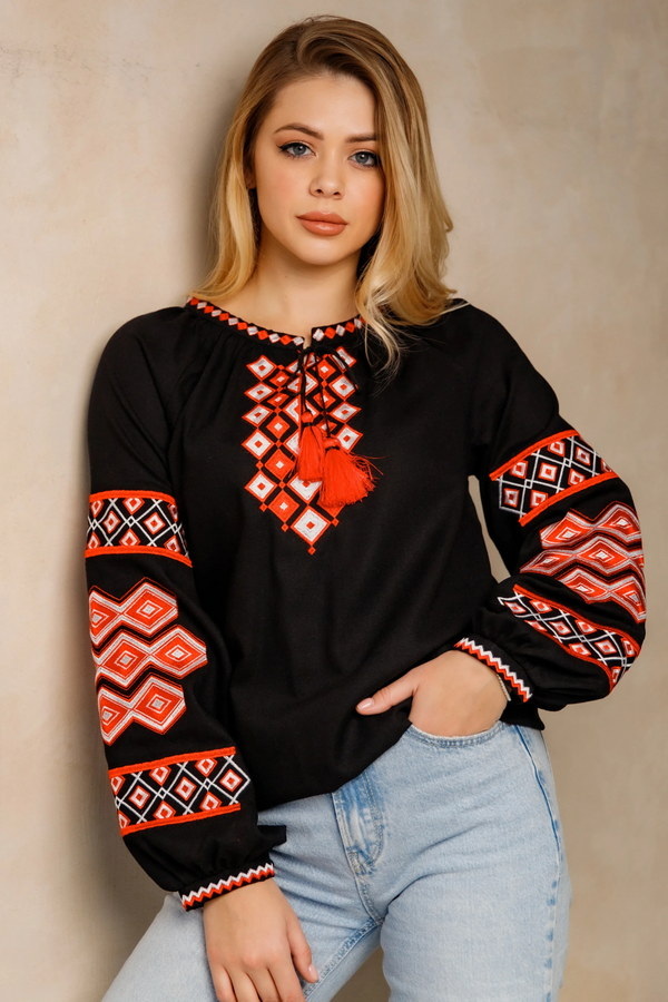 Women's black embroidered shirt with a geometric pattern Horianka, XL