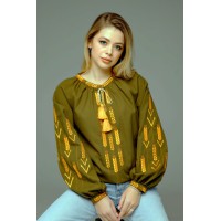 Вишиванка жіноча кольору хакі з вишитими колосками Золоті лани